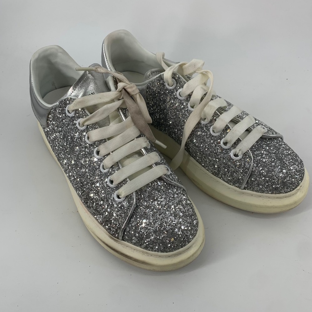 Alexander McQueen Womans 10 Oversized Silver Glitter Platform Sneakers 40